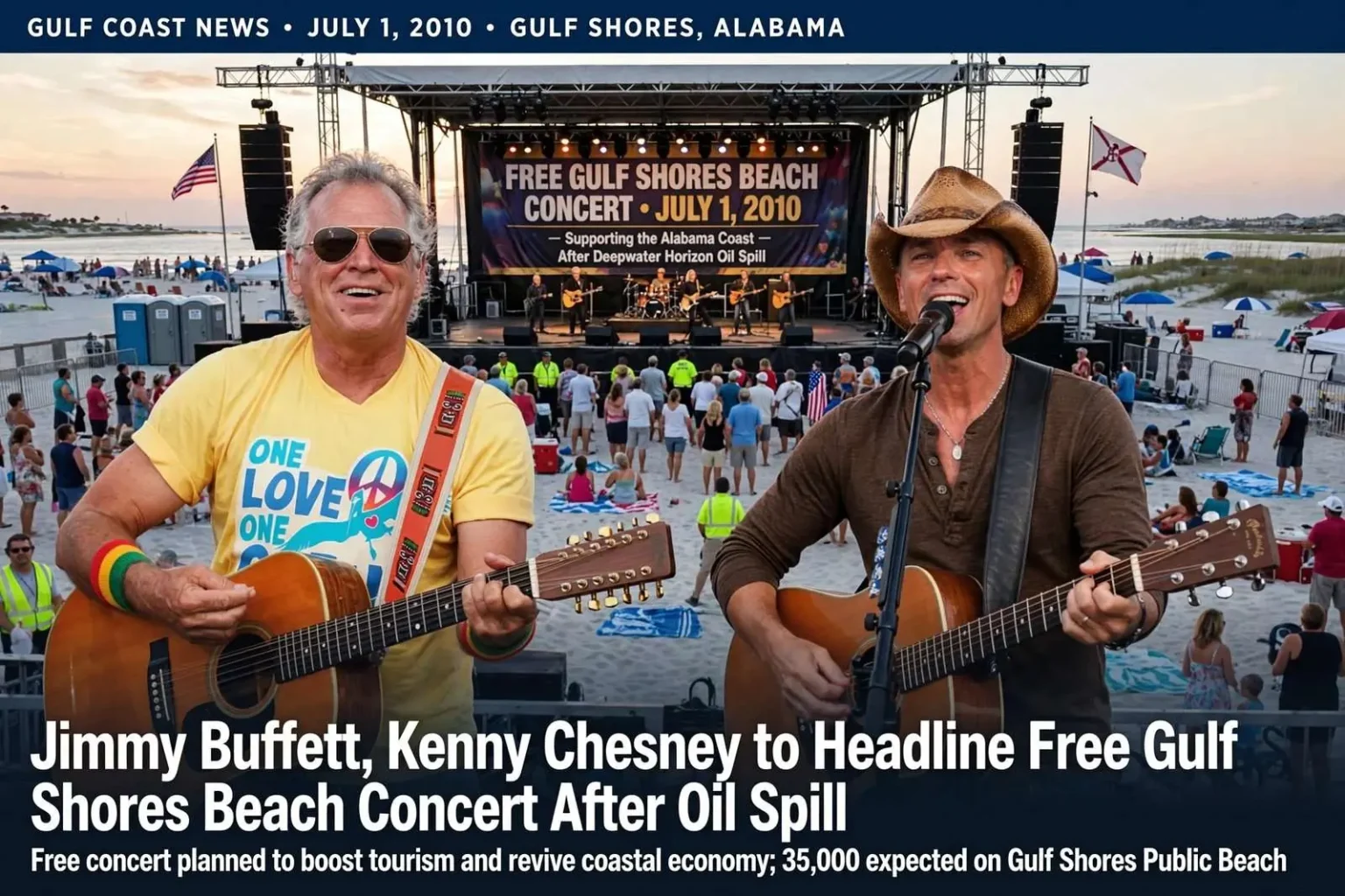 Illustration for the news story: Jimmy Buffett, Kenny Chesney to Headline Free Gulf Shores Beach Concert After Oil Spill