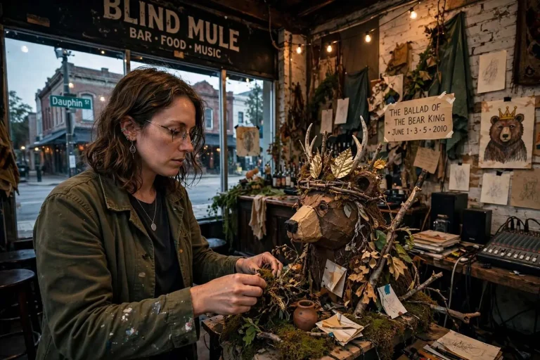 Illustration for the news story: Mobile Artist Elizabet Elliott Staged Site-Specific ‘Ballad of the Bear King’ at the Blind Mule