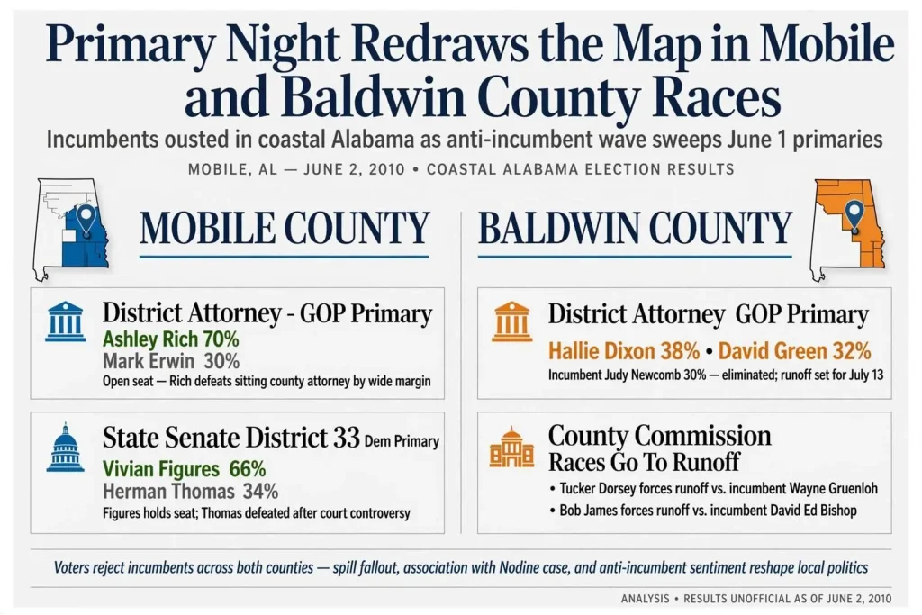 Illustration for the news story: Primary Night Redraws the Map in Mobile and Baldwin County Races
