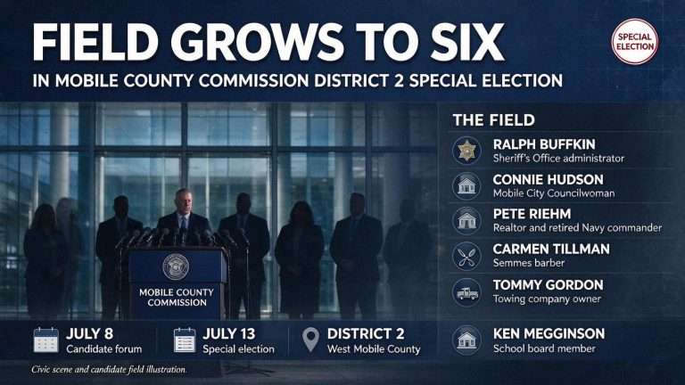 Illustration for the news story: Field Grows to Six in Mobile County Commission District 2 Special Election