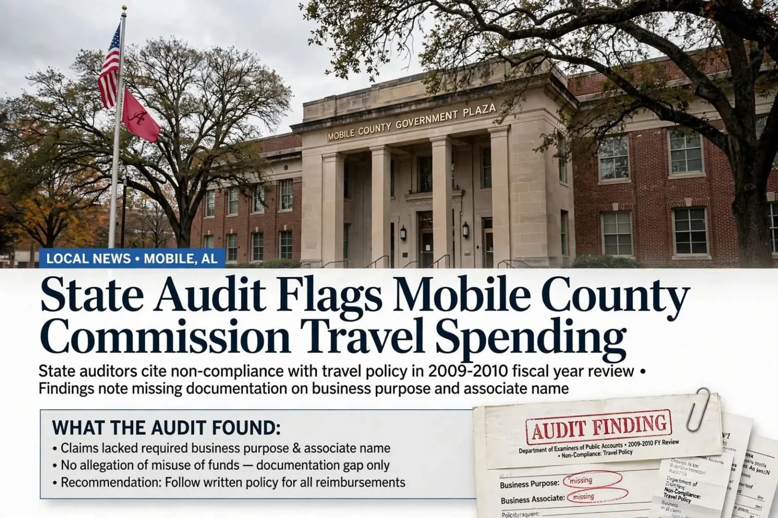 Illustration for the news story: State Audit Flags Mobile County Commission Travel Spending