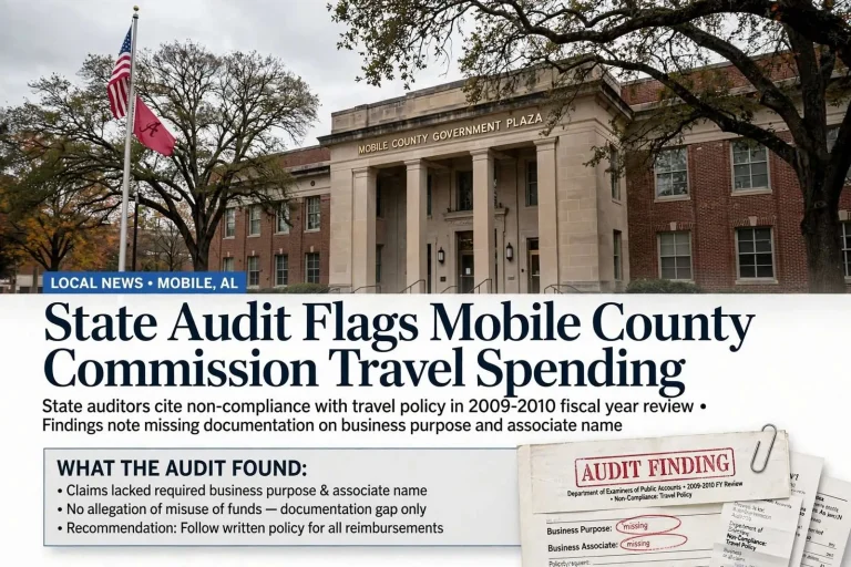 Illustration for the news story: State Audit Flags Mobile County Commission Travel Spending