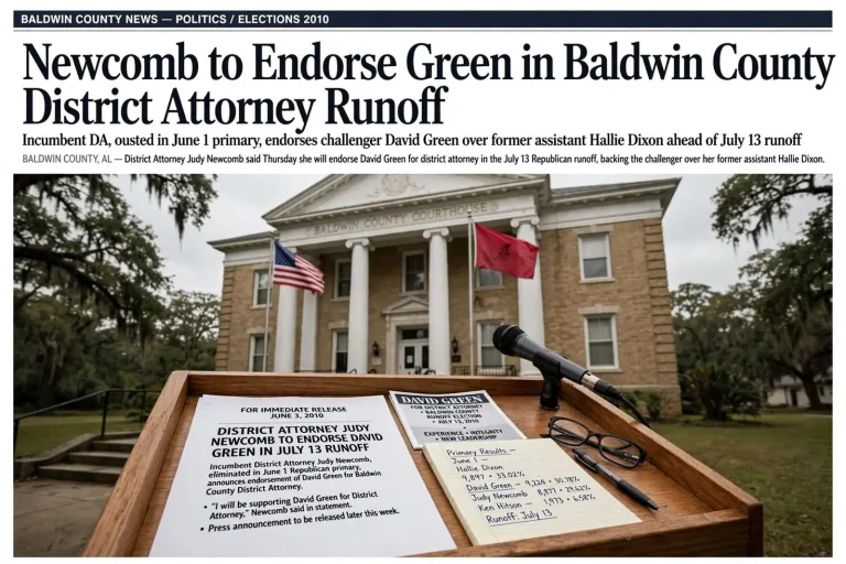 Illustration for the news story: Newcomb to Endorse Green in Baldwin County District Attorney Runoff