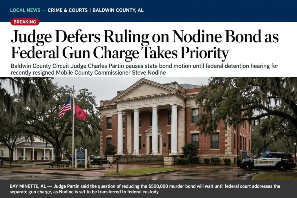 Illustration for the news story: Judge Defers Ruling on Nodine Bond as Federal Gun Charge Takes Priority