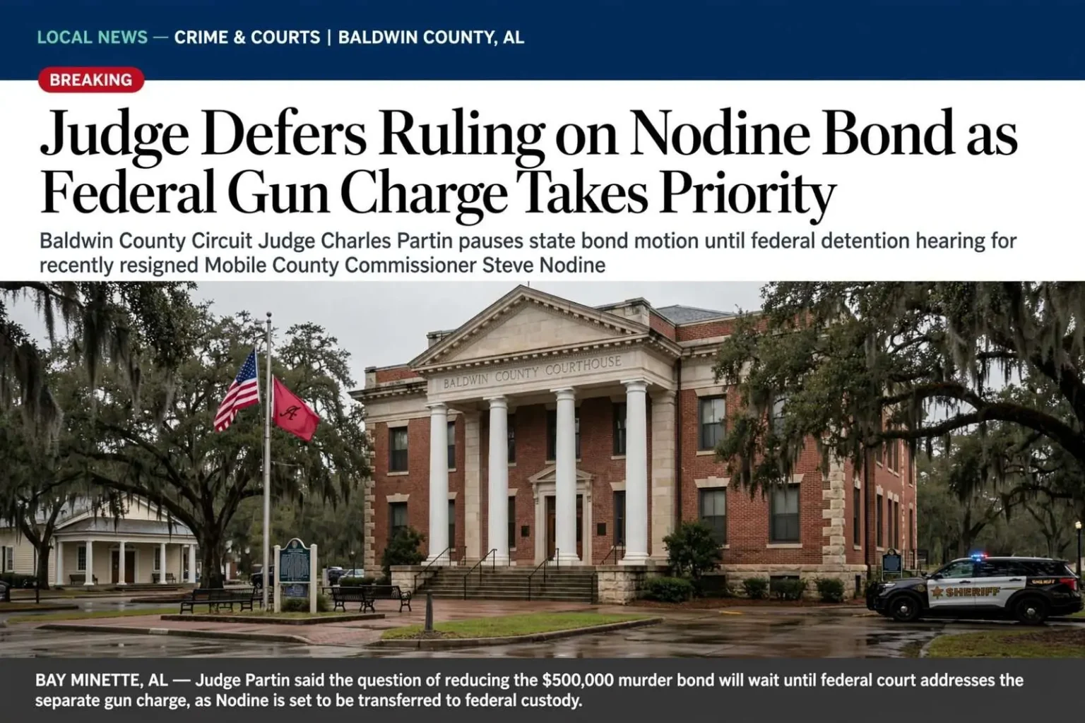 Illustration for the news story: Judge Defers Ruling on Nodine Bond as Federal Gun Charge Takes Priority