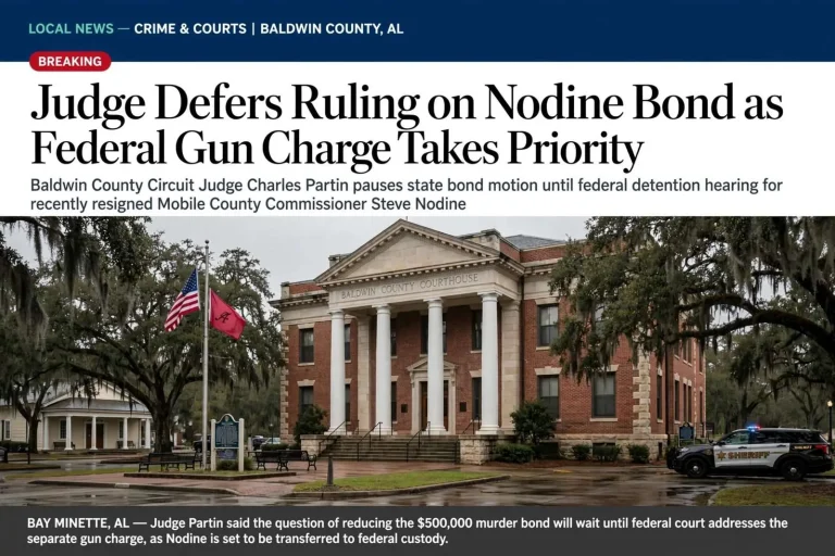 Illustration for the news story: Judge Defers Ruling on Nodine Bond as Federal Gun Charge Takes Priority