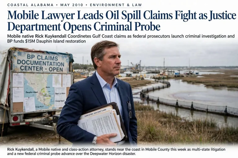 Illustration for the news story: Mobile Lawyer Leads Oil Spill Claims Fight as Justice Department Opens Criminal Probe