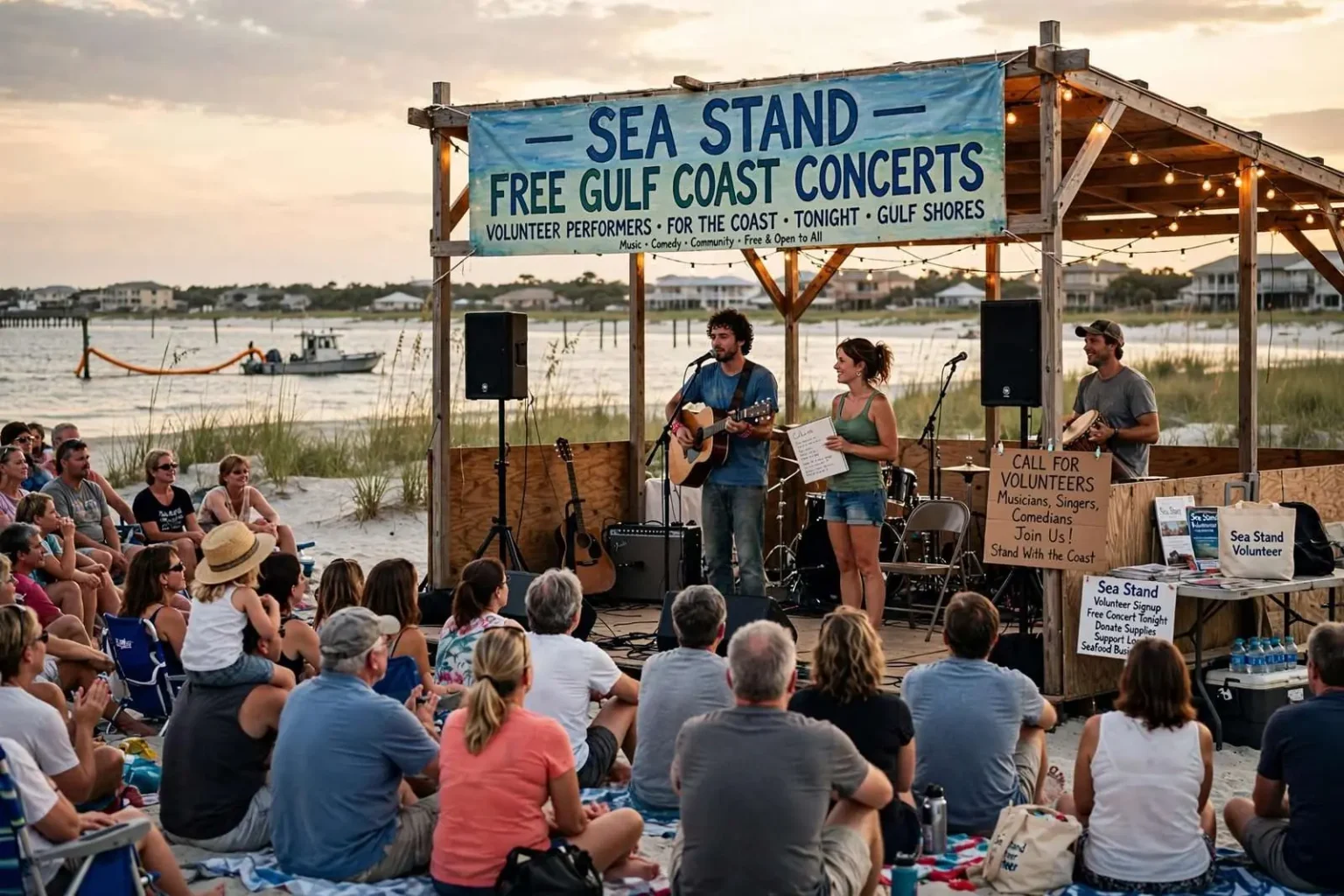 Illustration for the news story: Sea Stand Recruits Volunteer Performers for Free Gulf Coast Concerts After Oil Spill