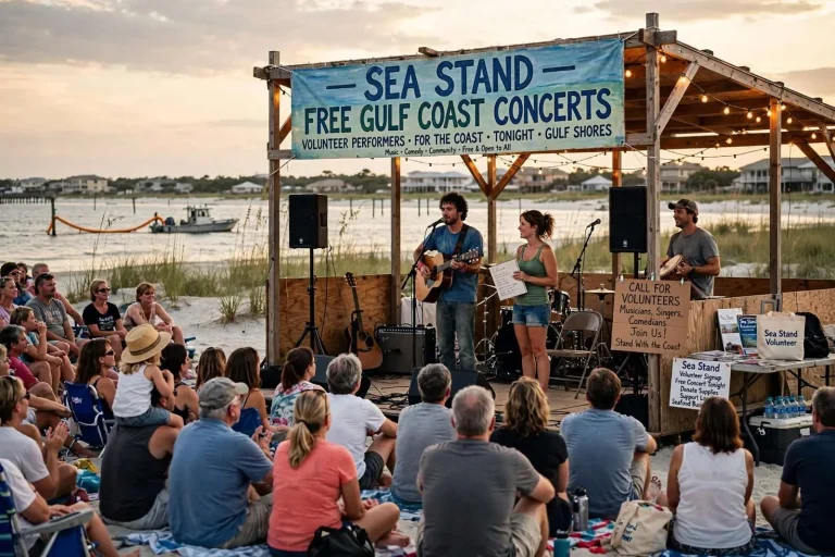 Illustration for the news story: Sea Stand Recruits Volunteer Performers for Free Gulf Coast Concerts After Oil Spill