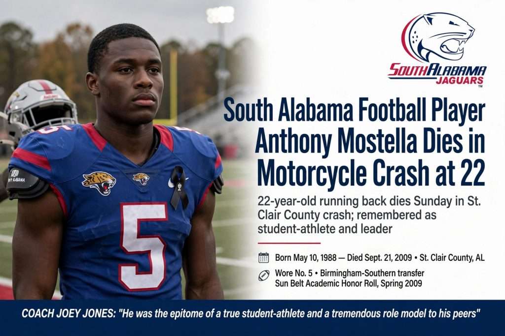 Illustration for the news story: South Alabama Football Player Anthony Mostella Dies in Motorcycle Crash at 22
