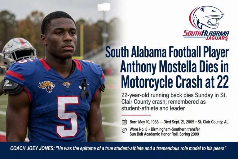 Illustration for the news story: South Alabama Football Player Anthony Mostella Dies in Motorcycle Crash at 22