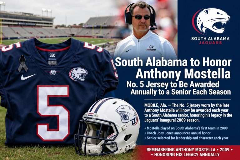 Illustration for the news story: South Alabama to Honor Anthony Mostella by Awarding His No. 5 Jersey to a Senior Each Season