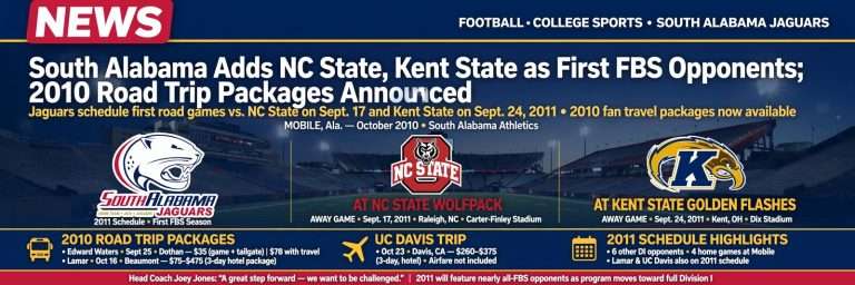 Illustration for the news story: South Alabama Adds NC State, Kent State as First FBS Opponents; 2010 Road Trip Packages Announced