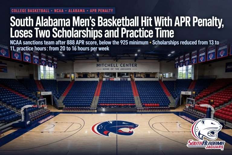 Illustration for the news story: South Alabama Men’s Basketball Hit With APR Penalty, Loses Two Scholarships and Practice Time