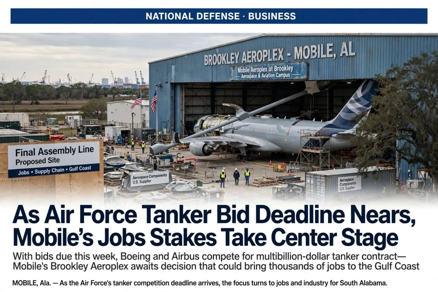 Illustration for the news story: As Air Force Tanker Bid Deadline Nears, Mobile’s Jobs Stakes Take Center Stage