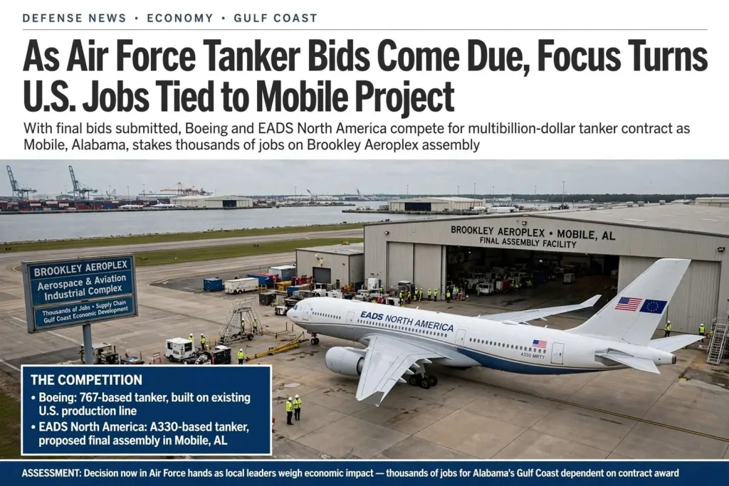 Illustration for the news story: As Air Force Tanker Bids Come Due, Focus Turns to U.S. Jobs Tied to Mobile Project