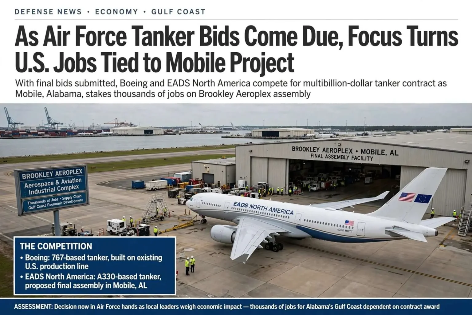 Illustration for the news story: As Air Force Tanker Bids Come Due, Focus Turns to U.S. Jobs Tied to Mobile Project