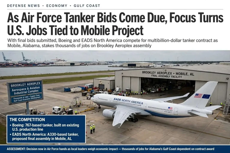 Illustration for the news story: As Air Force Tanker Bids Come Due, Focus Turns to U.S. Jobs Tied to Mobile Project