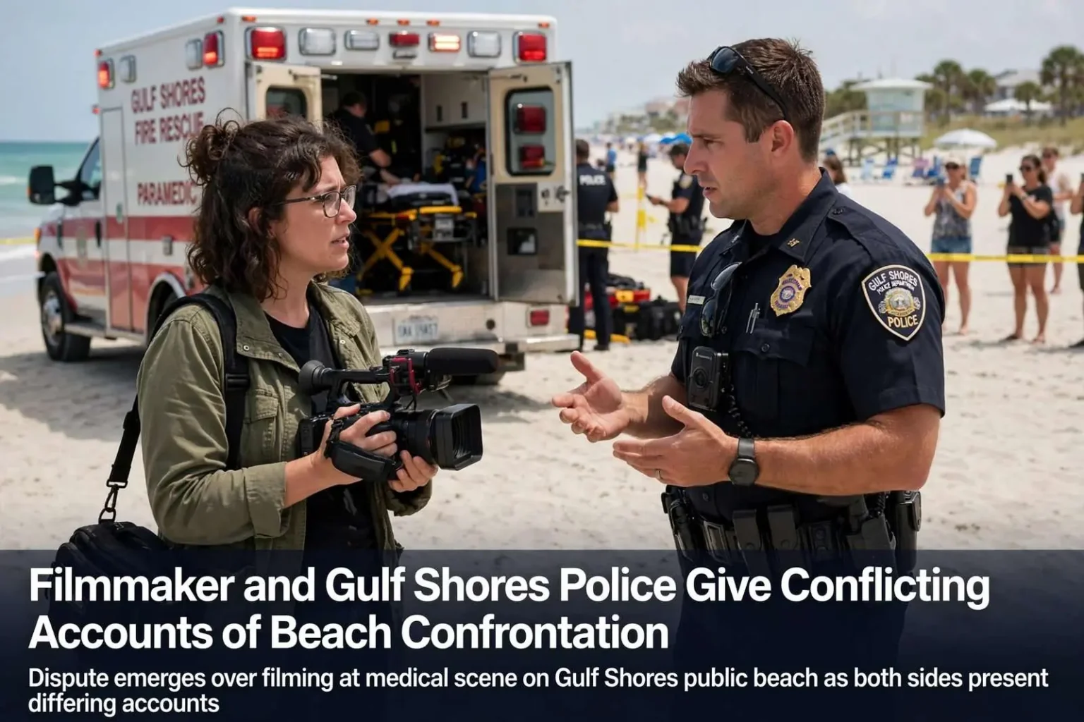 Illustration for the news story: Filmmaker and Gulf Shores Police Give Conflicting Accounts of Beach Confrontation
