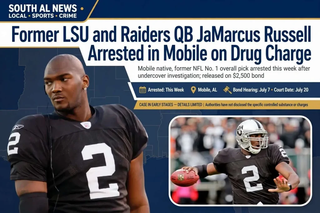 Illustration for the news story: Former LSU and Raiders QB JaMarcus Russell Arrested in Mobile on Drug Charge