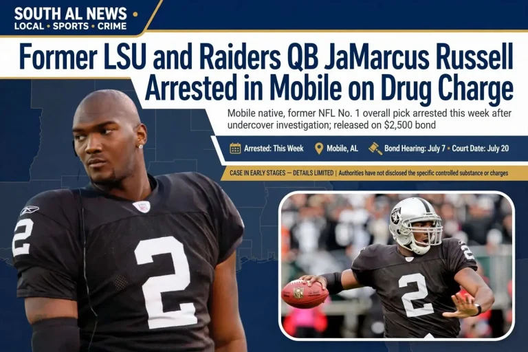 Illustration for the news story: Former LSU and Raiders QB JaMarcus Russell Arrested in Mobile on Drug Charge