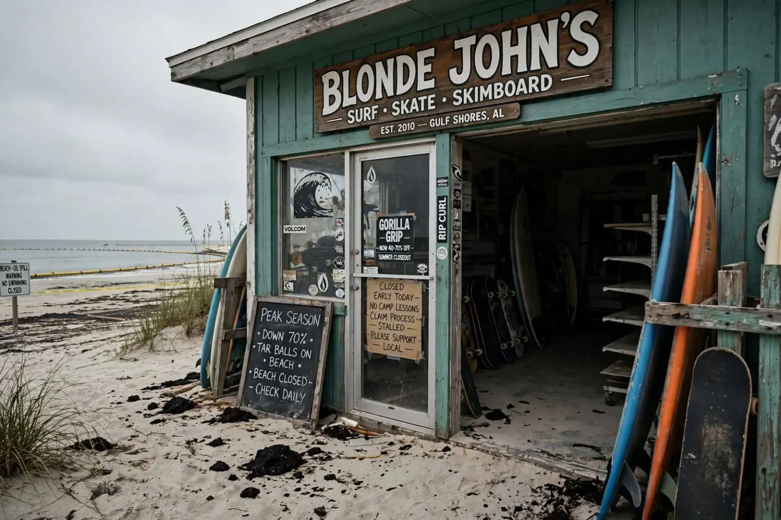 Illustration for the news story: Gulf Shores Surf Shops Say Business Is Cratering as Oil Spill Claims Drag On