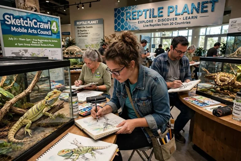 Illustration for the news story: Live Reptiles Take Center Stage as Mobile’s SketchCrawl 4 Hits the Exploreum