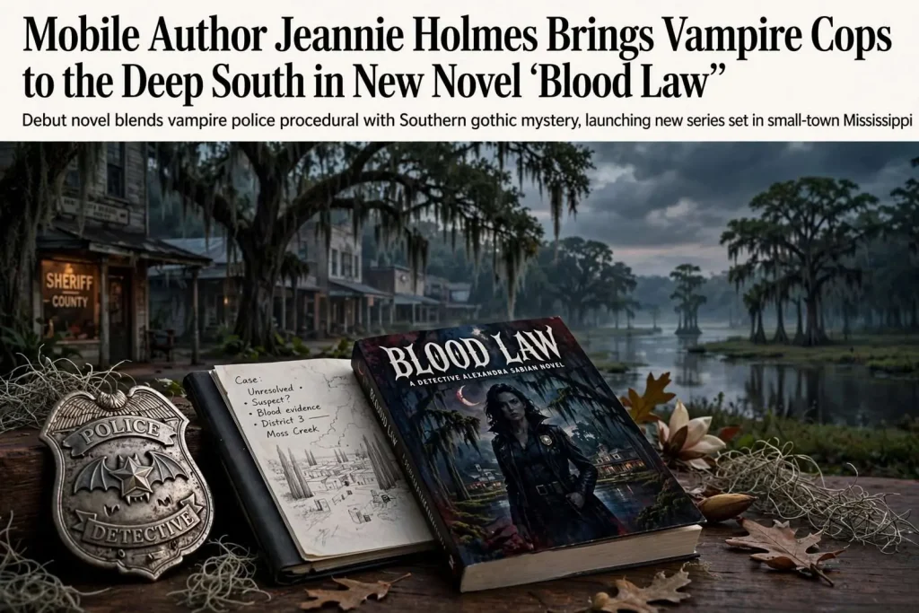 Illustration for the news story: Mobile Author Jeannie Holmes Brings Vampire Cops to the Deep South in New Novel ‘Blood Law’