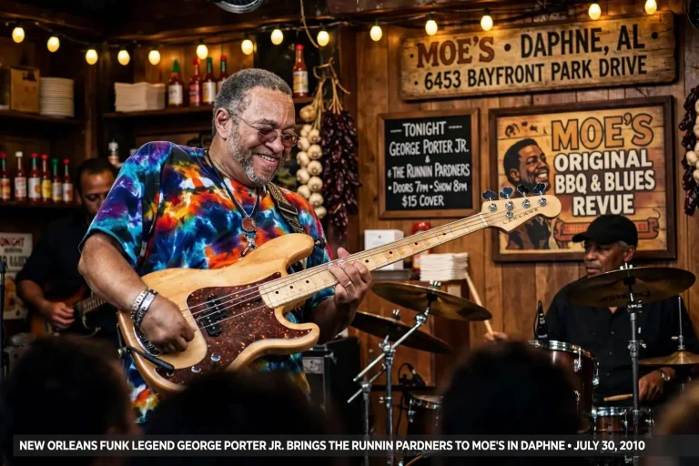 Illustration for the news story: New Orleans Funk Legend George Porter Jr. Brought the Runnin Pardners to Moe’s in Daphne