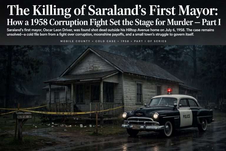Illustration for the news story: The Killing of Saraland’s First Mayor: How a 1958 Corruption Fight Set the Stage for Murder — Part I