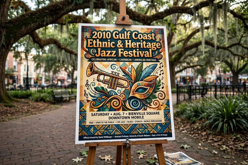 Illustration for the news story: USA Art Professor’s Poster Chosen to Represent 2010 Gulf Coast Ethnic and Heritage Jazz Festival