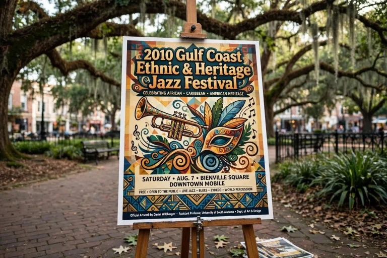 Illustration for the news story: USA Art Professor’s Poster Chosen to Represent 2010 Gulf Coast Ethnic and Heritage Jazz Festival