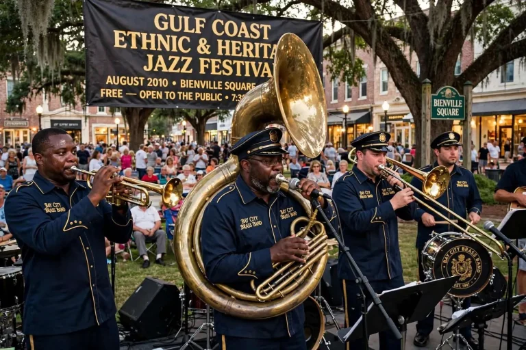 Illustration for the news story: Bay City Brass Band: Mobile’s Musical Ambassadors of Mardi Gras Took the GCEH Jazz Fest Stage
