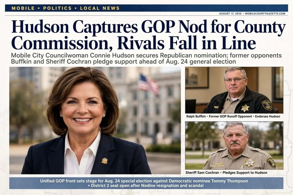 Illustration for the news story: Hudson Captures GOP Nod for County Commission, Rivals Fall in Line