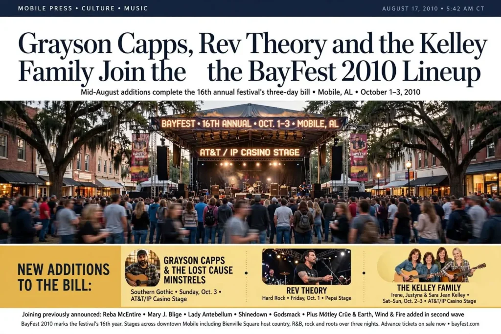 Illustration for the news story: Grayson Capps, Rev Theory and the Kelley Family Join the BayFest 2010 Lineup