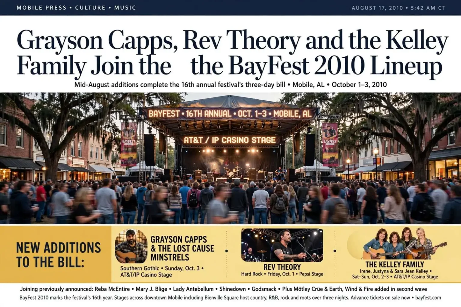 Illustration for the news story: Grayson Capps, Rev Theory and the Kelley Family Join the BayFest 2010 Lineup