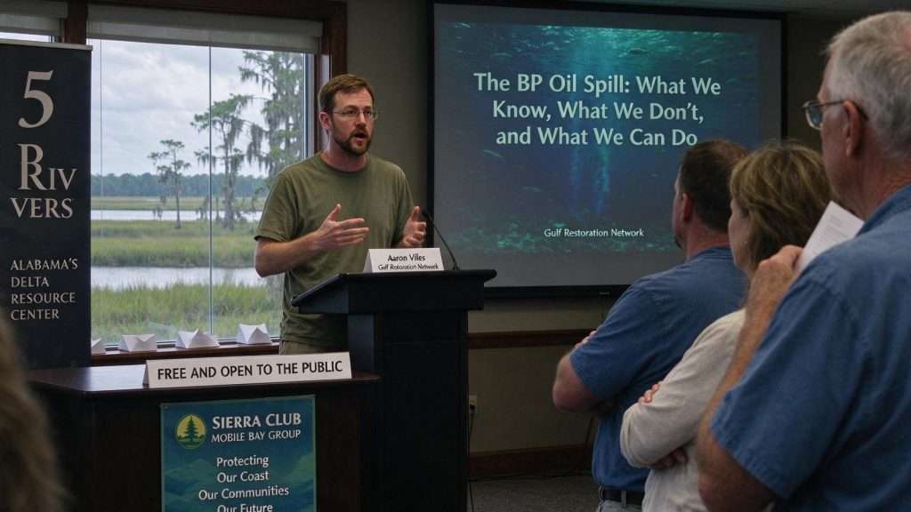 Illustration for the news story: Gulf Restoration Network’s Aaron Viles Headlined Sierra Club Meeting at 5 Rivers After the BP Spill