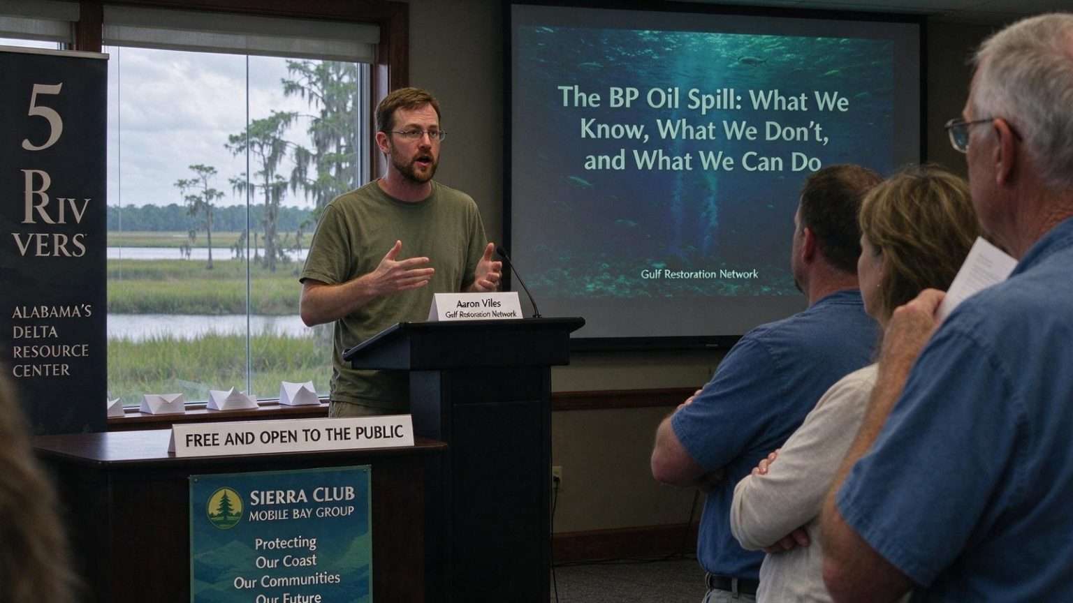 Illustration for the news story: Gulf Restoration Network’s Aaron Viles Headlined Sierra Club Meeting at 5 Rivers After the BP Spill