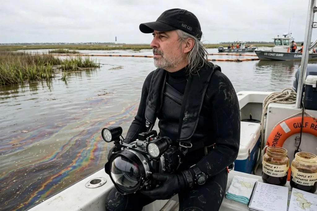 Illustration for the news story: Mobile Native and Emmy-Winning Filmmaker Mike deGruy Surveys Deepwater Horizon Damage Firsthand