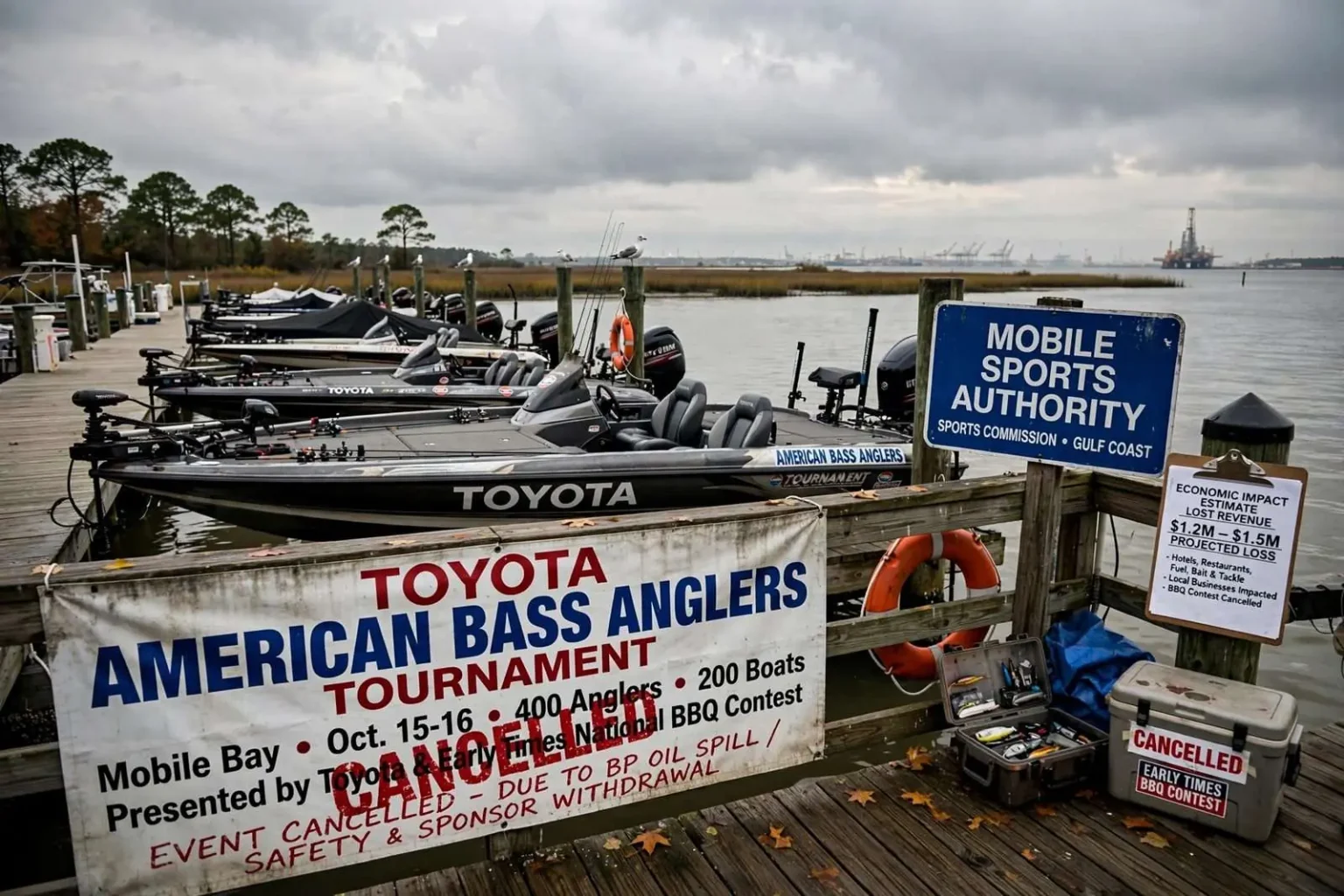 Illustration for the news story: Mobile Sports Authority Weighs BP Claim for Lost Bass Tournament
