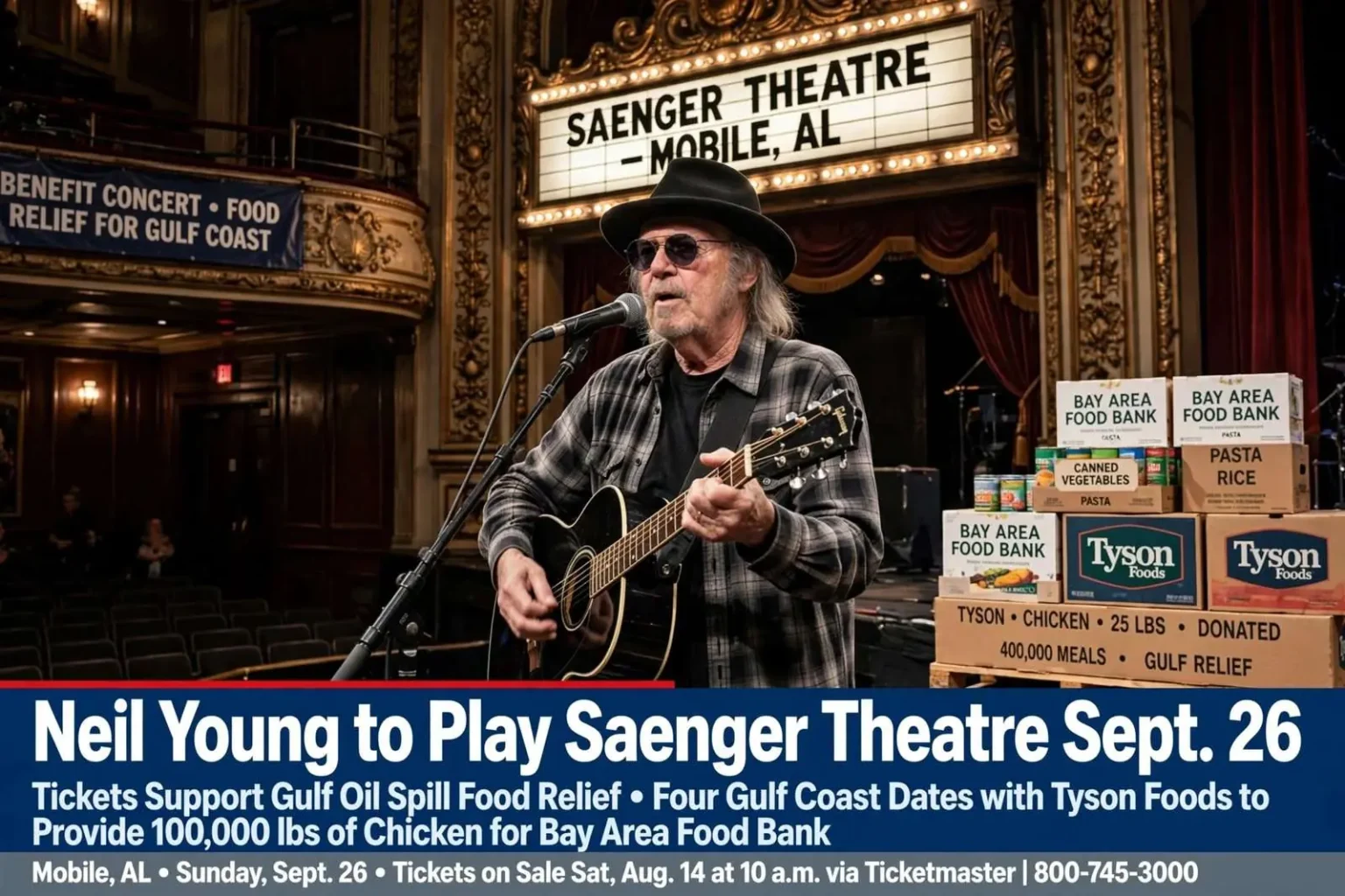 Illustration for the news story: Neil Young to Play Saenger Theatre Sept. 26, Tickets Support Gulf Oil Spill Food Relief