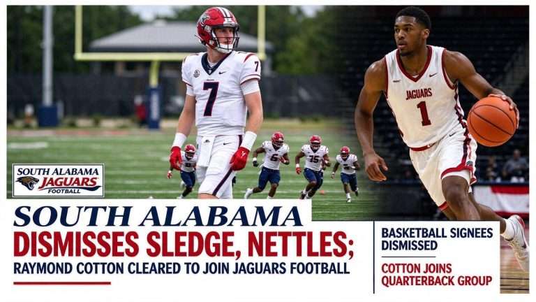 Illustration for the news story: South Alabama Dismisses Sledge, Nettles; Raymond Cotton Cleared to Join Jaguars Football