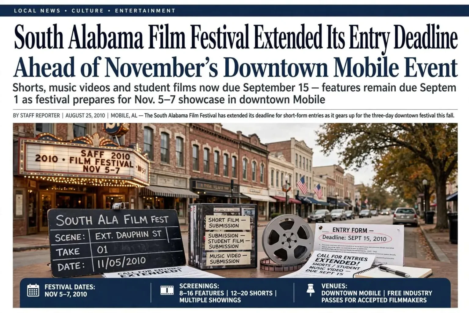 Illustration for the news story: South Alabama Film Festival Extended Its Entry Deadline Ahead of November’s Downtown Mobile Event