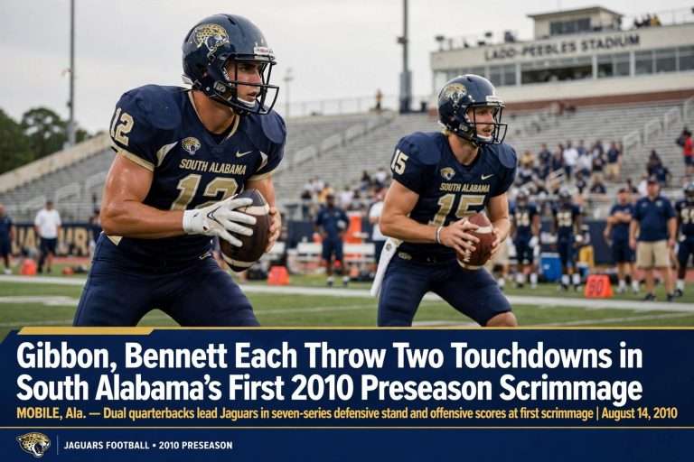 Illustration for the news story: Gibbon, Bennett Each Throw Two Touchdowns in South Alabama’s First 2010 Preseason Scrimmage