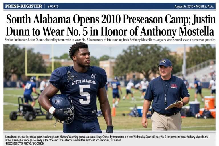 Illustration for the news story: South Alabama Opens 2010 Preseason Camp; Justin Dunn to Wear No. 5 in Honor of Anthony Mostella