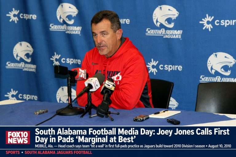 Illustration for the news story: South Alabama Football Media Day: Joey Jones Calls First Day in Pads ‘Marginal at Best’