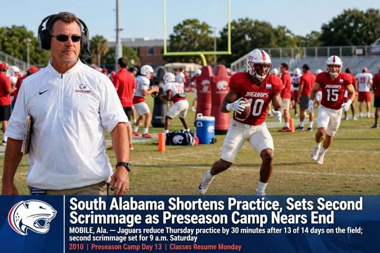 Illustration for the news story: South Alabama Shortens Practice, Sets Second Scrimmage as Preseason Camp Nears End