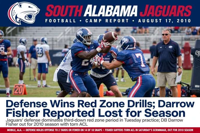 Illustration for the news story: South Alabama Defense Wins Red Zone Drills; Darrow Fisher Reported Lost for Season