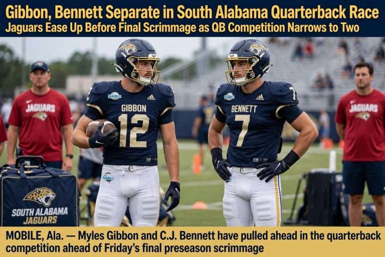 Illustration for the news story: Gibbon, Bennett Separate in South Alabama Quarterback Race as Jaguars Ease Up Before Final Scrimmage
