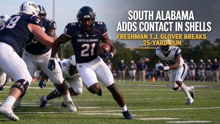 Illustration for the news story: South Alabama Adds Contact in Shells; Freshman T.J. Glover Breaks 25-Yard Run
